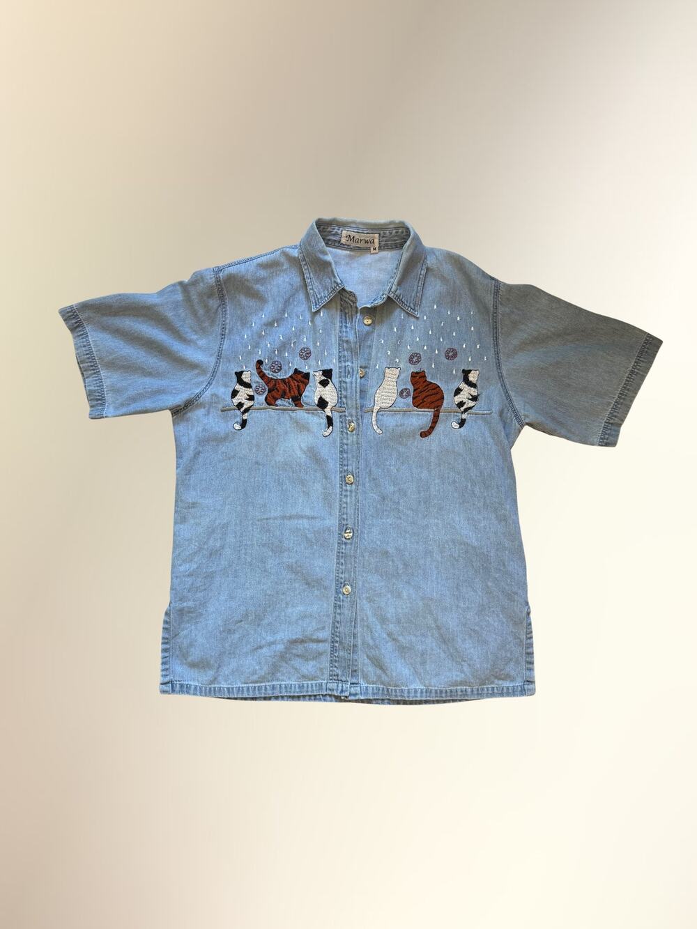 Vintage Marwa Blue Denim Raining Cats Embroidered Button Down Shirt M